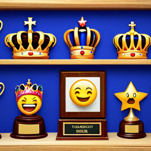 **A digital bulletin board featuring various Royal Match emojis as trophies.** Focus on vibrant colors and a sense of achievement. Emojis include crowns, stars, and special event icons.