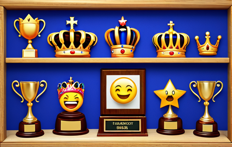 **A digital bulletin board featuring various Royal Match emojis as trophies.** Focus on vibrant colors and a sense of achievement. Emojis include crowns, stars, and special event icons.