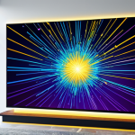 A professional, high-definition digital art illustration displayed on a large, sleek screen within a modern, minimalist studio. The screen showcases an abstract yet captivating 'visual orchestra' of exploding, jewel-toned geometric elements. Dynamic light effects illuminate vibrant cascades of iridescent blues, warm yellows, and rich purples, creating a sense of energetic movement and joyful visual rhythm. The artwork features crisp details, luminous particles, and a fluid flow, emphasizing an immersive, high-quality digital experience. The studio environment is clean and professional. safe for work, appropriate content, fully clothed, professional, perfect anatomy, correct proportions, natural pose, well-formed hands, proper finger count, natural body proportions.