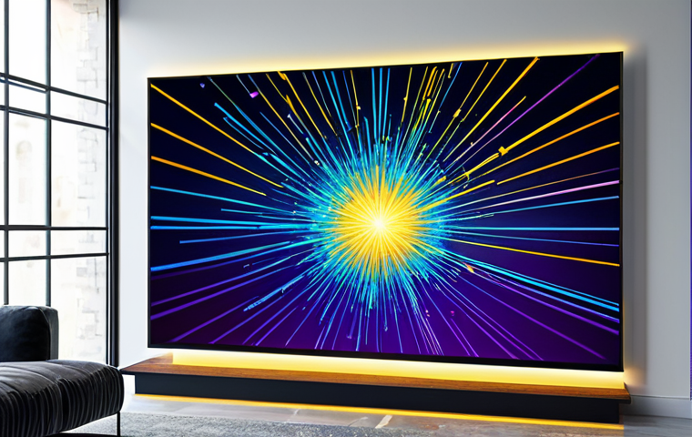 A professional, high-definition digital art illustration displayed on a large, sleek screen within a modern, minimalist studio. The screen showcases an abstract yet captivating 'visual orchestra' of exploding, jewel-toned geometric elements. Dynamic light effects illuminate vibrant cascades of iridescent blues, warm yellows, and rich purples, creating a sense of energetic movement and joyful visual rhythm. The artwork features crisp details, luminous particles, and a fluid flow, emphasizing an immersive, high-quality digital experience. The studio environment is clean and professional. safe for work, appropriate content, fully clothed, professional, perfect anatomy, correct proportions, natural pose, well-formed hands, proper finger count, natural body proportions.