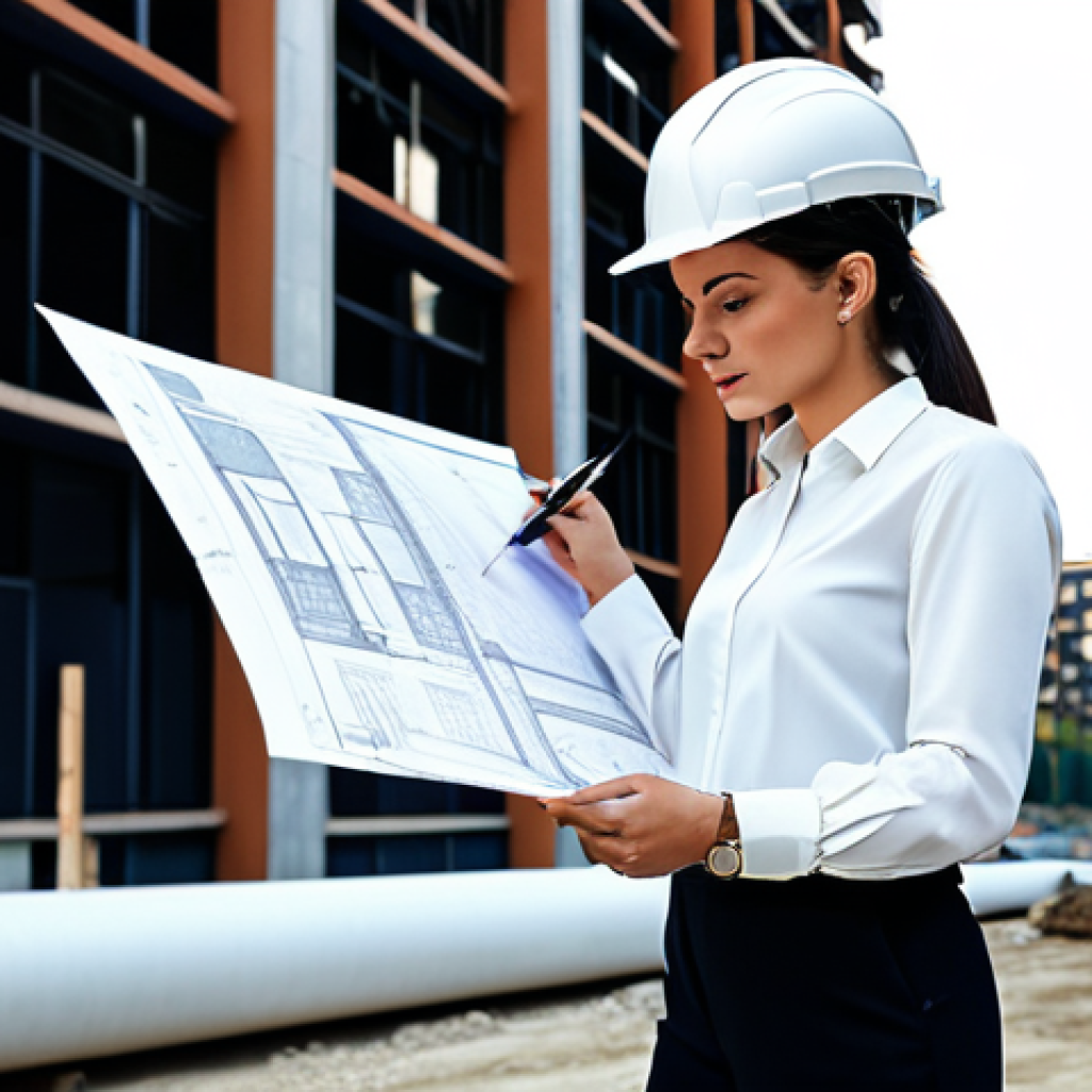 **

A professional female architect, fully clothed in a stylish yet modest business casual outfit (e.g., a tailored blouse and trousers), reviewing blueprints on a construction site in Milan, Italy. The background features modern buildings and construction equipment. Perfect anatomy, correct proportions, natural pose, well-formed hands, proper finger count, professional photography, safe for work, appropriate content, fully clothed, professional, modest.

**
