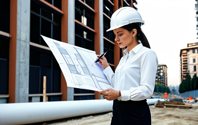 **

A professional female architect, fully clothed in a stylish yet modest business casual outfit (e.g., a tailored blouse and trousers), reviewing blueprints on a construction site in Milan, Italy. The background features modern buildings and construction equipment. Perfect anatomy, correct proportions, natural pose, well-formed hands, proper finger count, professional photography, safe for work, appropriate content, fully clothed, professional, modest.

**