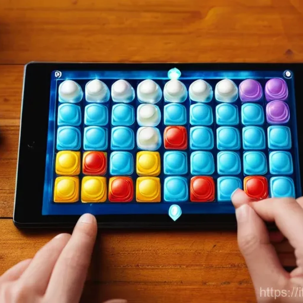 로얄매치 레벨 디자인 분석 - **Prompt:** A close-up, dynamic shot of a player's hands gripping a tablet, focused on a vibrant "Ro...