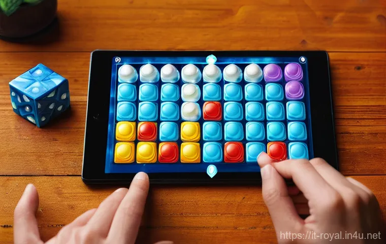로얄매치 레벨 디자인 분석 - **Prompt:** A close-up, dynamic shot of a player's hands gripping a tablet, focused on a vibrant "Ro...