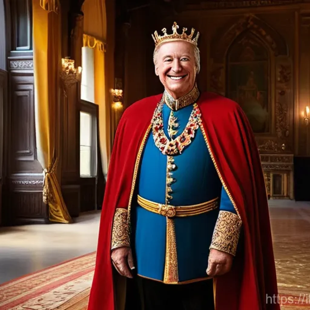 로얄매치 캐릭터 정보 - A cheerful and benevolent King Robert from Royal Match, standing in the grand, newly renovated thron...