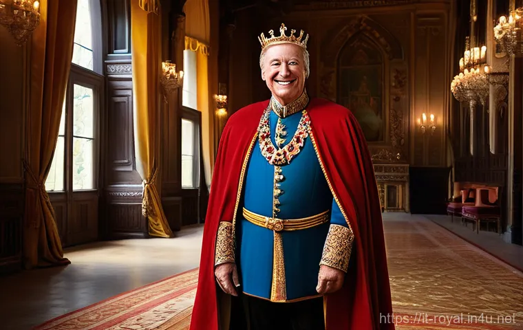 로얄매치 캐릭터 정보 - A cheerful and benevolent King Robert from Royal Match, standing in the grand, newly renovated thron...