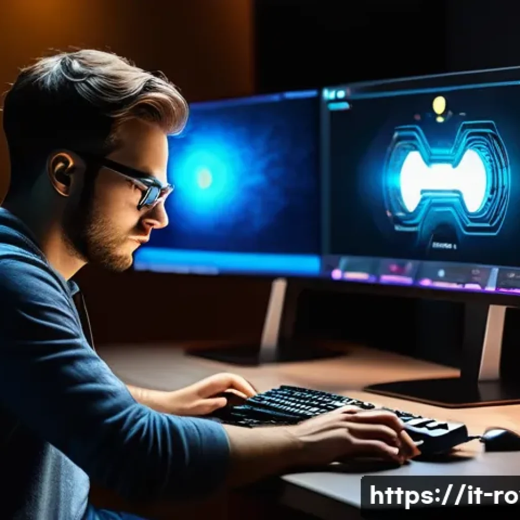 로얄매치 시간 제한 스테이지 - A focused adult gamer sitting at a modern desk with a sleek computer setup, wearing casual clothing ...