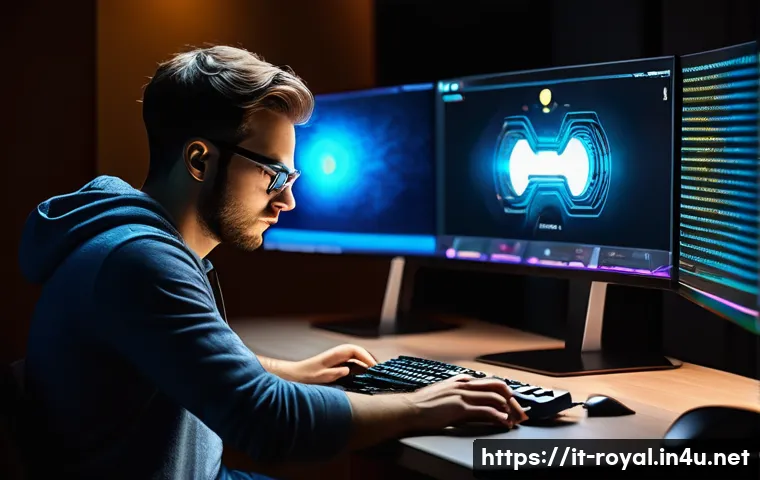 로얄매치 시간 제한 스테이지 - A focused adult gamer sitting at a modern desk with a sleek computer setup, wearing casual clothing ...