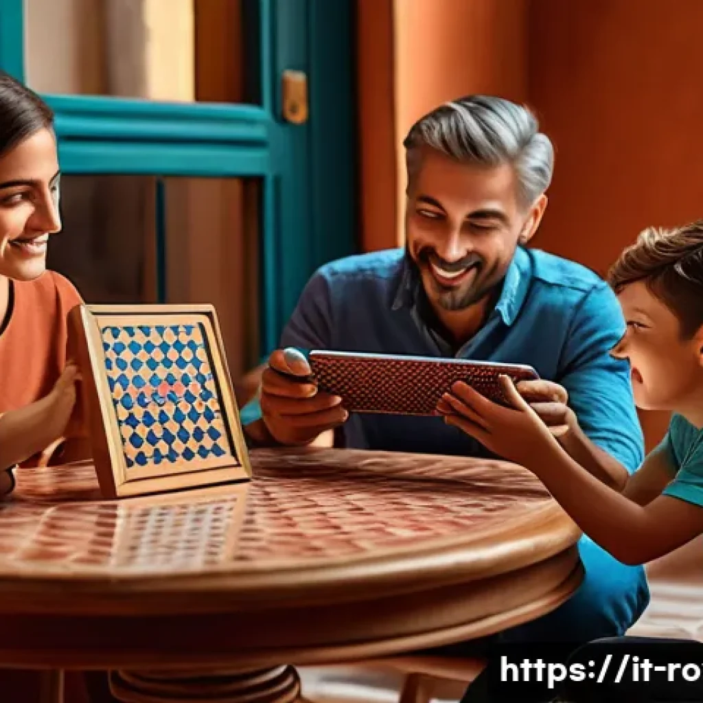 로얄매치 도전 과제 달성법 - A cozy and colorful living room scene showing an Italian family gathered around a tablet playing Roy...