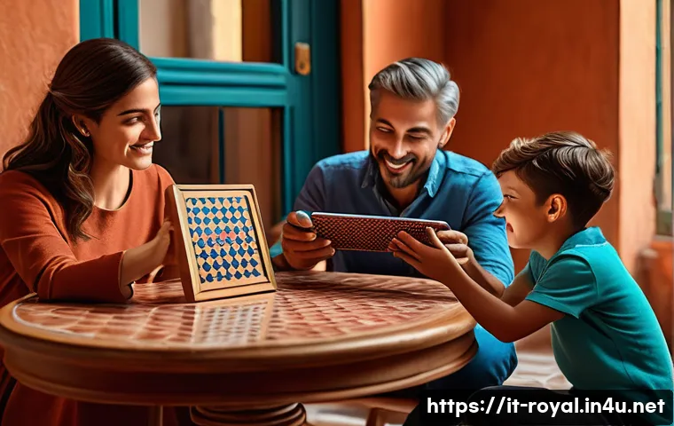 로얄매치 도전 과제 달성법 - A cozy and colorful living room scene showing an Italian family gathered around a tablet playing Roy...