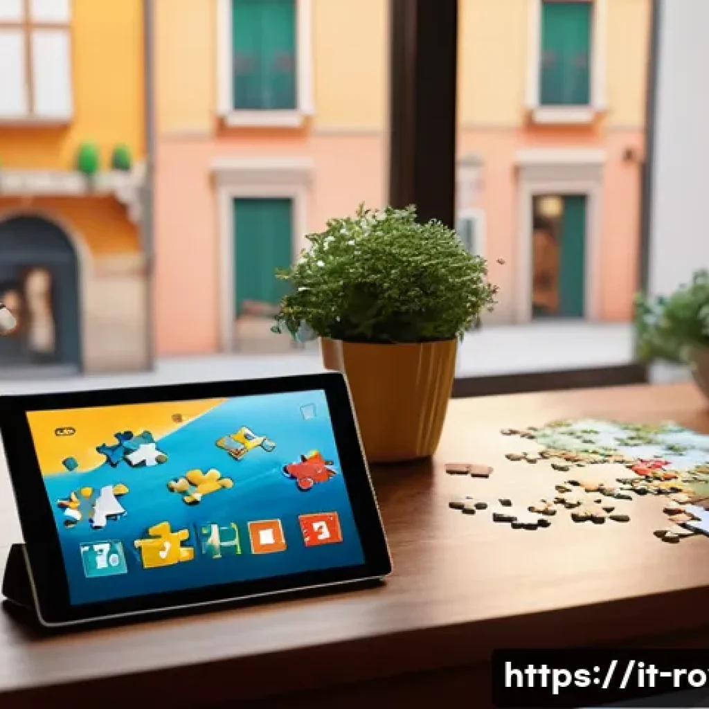 로얄매치 퍼즐 힌트 활성화 - A cozy, modern Italian living room scene where a young adult is playing a colorful puzzle game on a ...