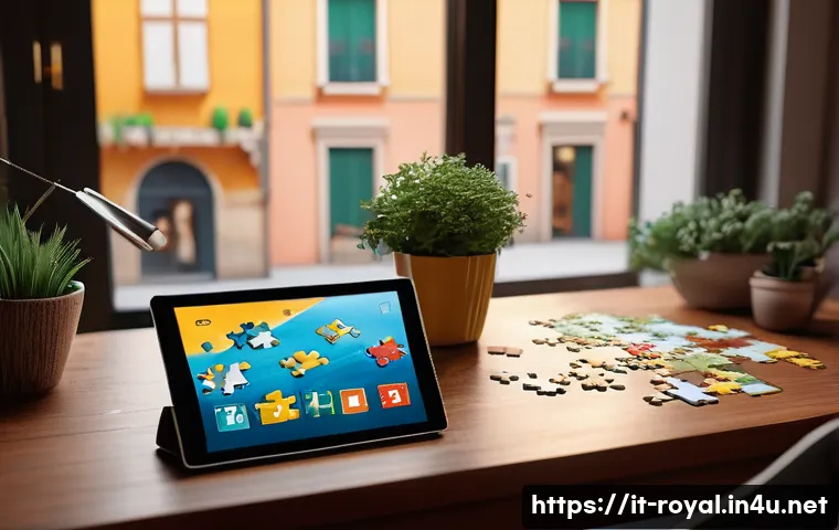 로얄매치 퍼즐 힌트 활성화 - A cozy, modern Italian living room scene where a young adult is playing a colorful puzzle game on a ...