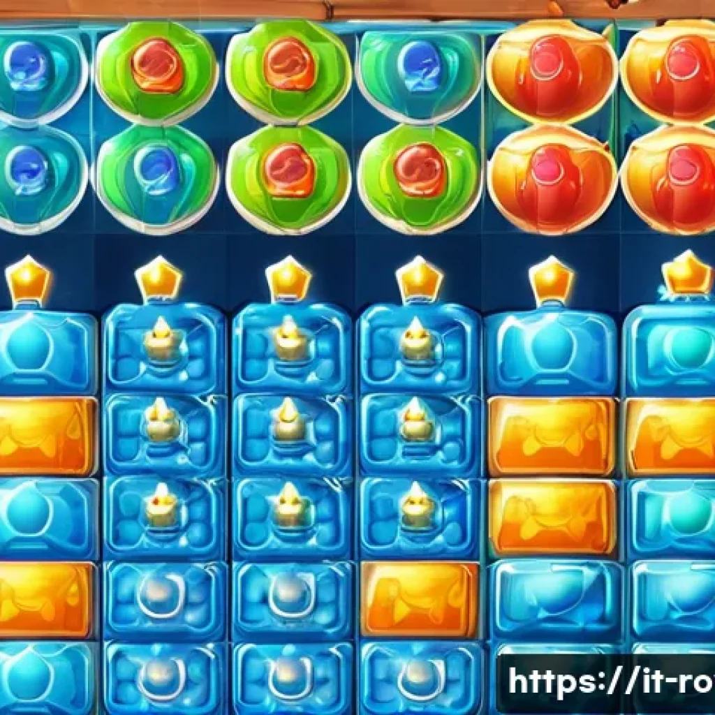 로얄매치 인기 레벨 공략 - A vibrant and colorful puzzle game board inspired by Royal Match, showcasing a complex initial layou...