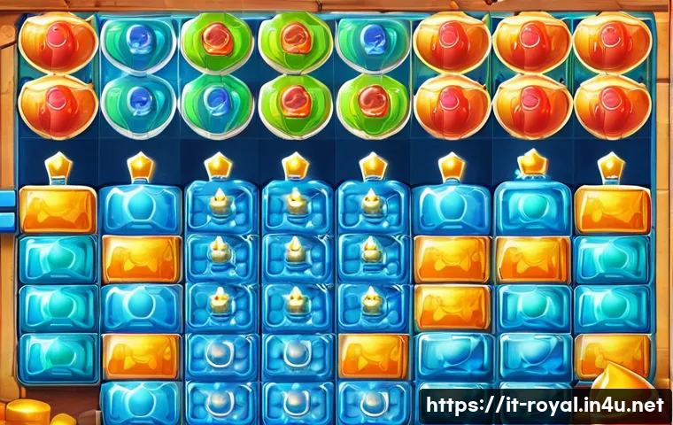 로얄매치 인기 레벨 공략 - A vibrant and colorful puzzle game board inspired by Royal Match, showcasing a complex initial layou...