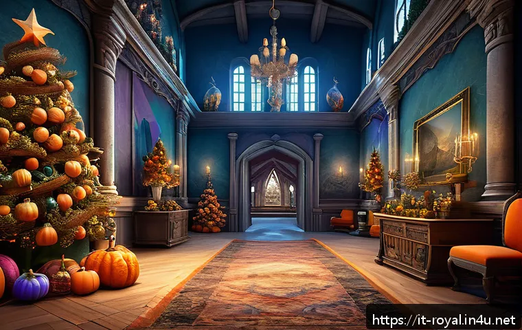 로얄매치 라이브러리 콘텐츠 - A vibrant and colorful fantasy castle interior from Royal Match, richly decorated with exclusive sea...