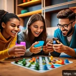 Home 22 로얄매치 이모티콘 시스템 - A vibrant gaming scene depicting a group of diverse friends playing a cooperative mobile puzzle game...