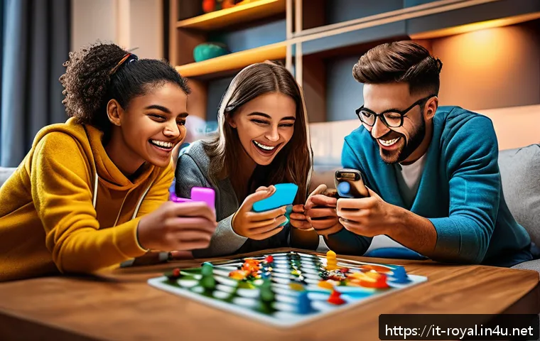 로얄매치 이모티콘 시스템 - A vibrant gaming scene depicting a group of diverse friends playing a cooperative mobile puzzle game...