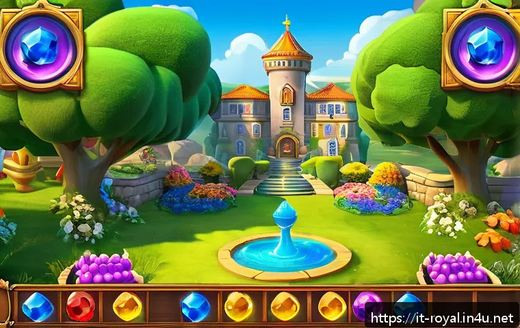 로얄매치 특정 아이템 복제 - A vibrant and detailed mobile game interface showing a colorful match-3 puzzle level filled with var...