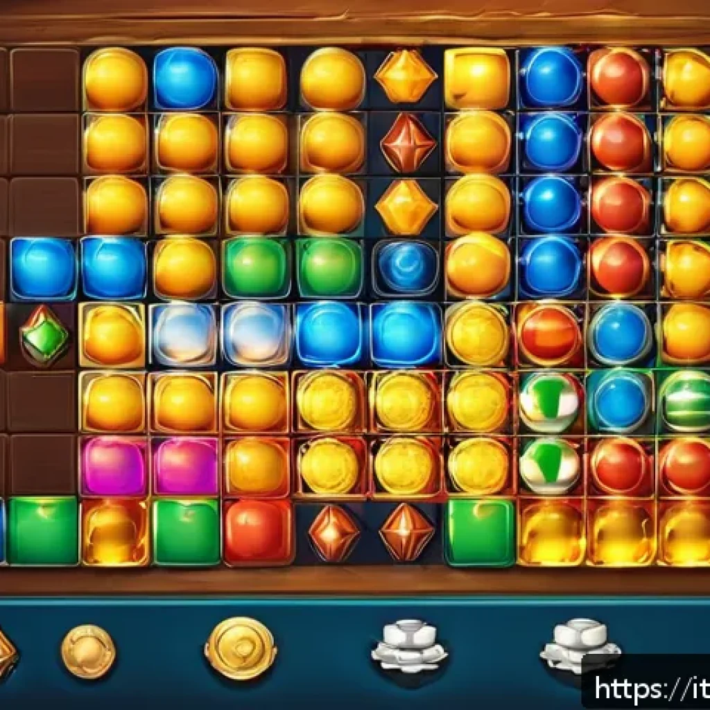 로얄매치 트렌드 분석 - A vibrant and detailed digital illustration of a mobile puzzle game level inspired by Royal Match, f...