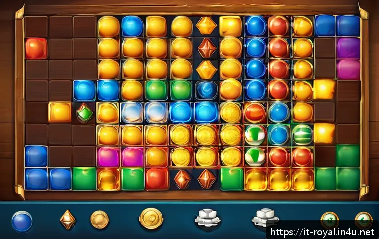 로얄매치 트렌드 분석 - A vibrant and detailed digital illustration of a mobile puzzle game level inspired by Royal Match, f...