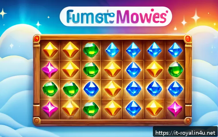 로얄매치 패턴 분석법 - A vibrant and colorful match-3 puzzle game board featuring sparkling gems arranged in intricate recu...